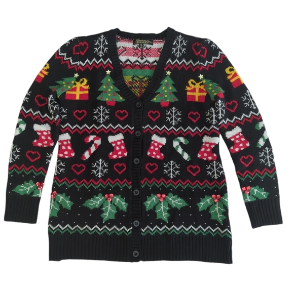 Absolutely Famous Sweaters - Absolutely Famous Button Up Acrylic Cardigan Christmas Sweater MEDIUM Black Red